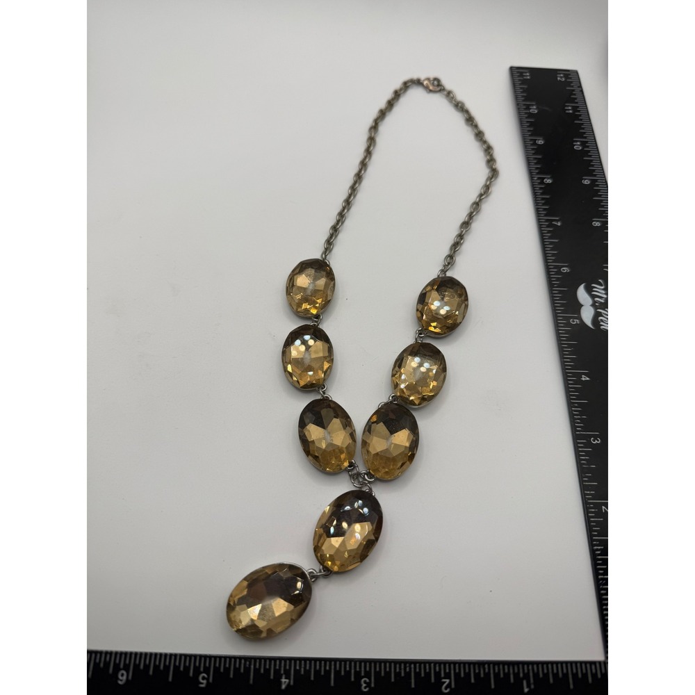 Vintage Style Amber Statement Necklace Silver Tone Y-Drop Faceted Oval‎ Stones